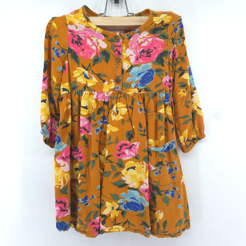 Old Navy 4T Vintage Floral Mustard Yellow 2 Pockets 1/2 Button Down Long Sleeve